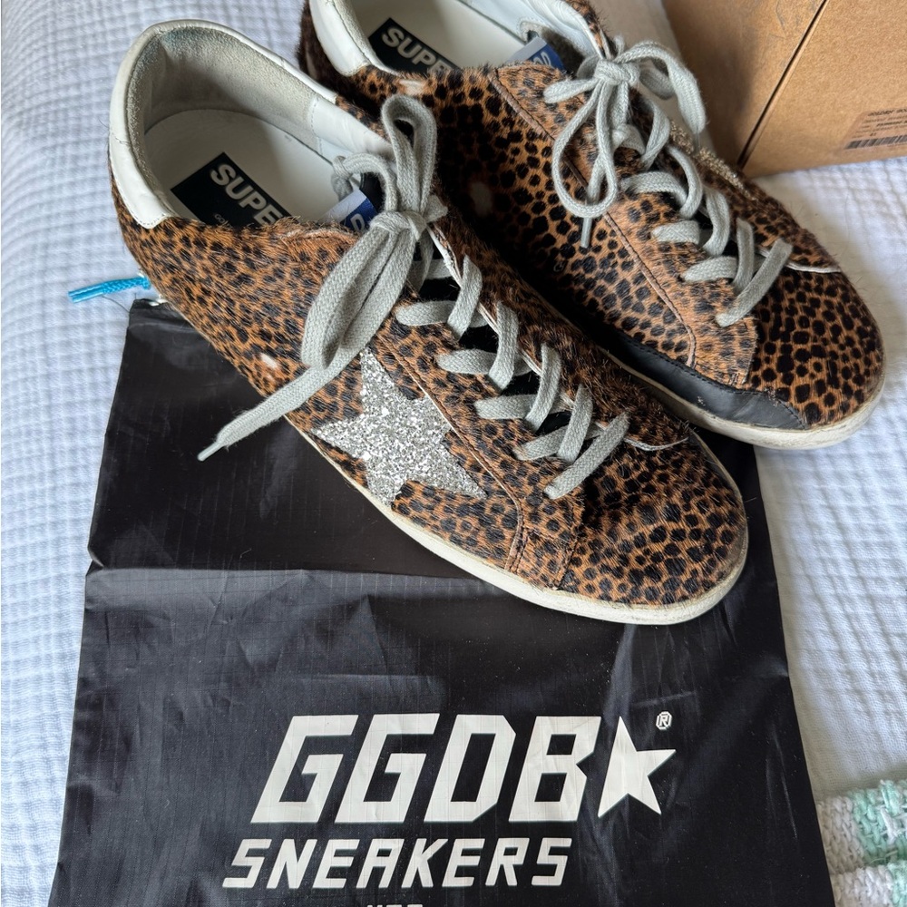 Golden Goose Superstar Cheetah Pony Sneakers with Silver Glitter, size 41 EUC